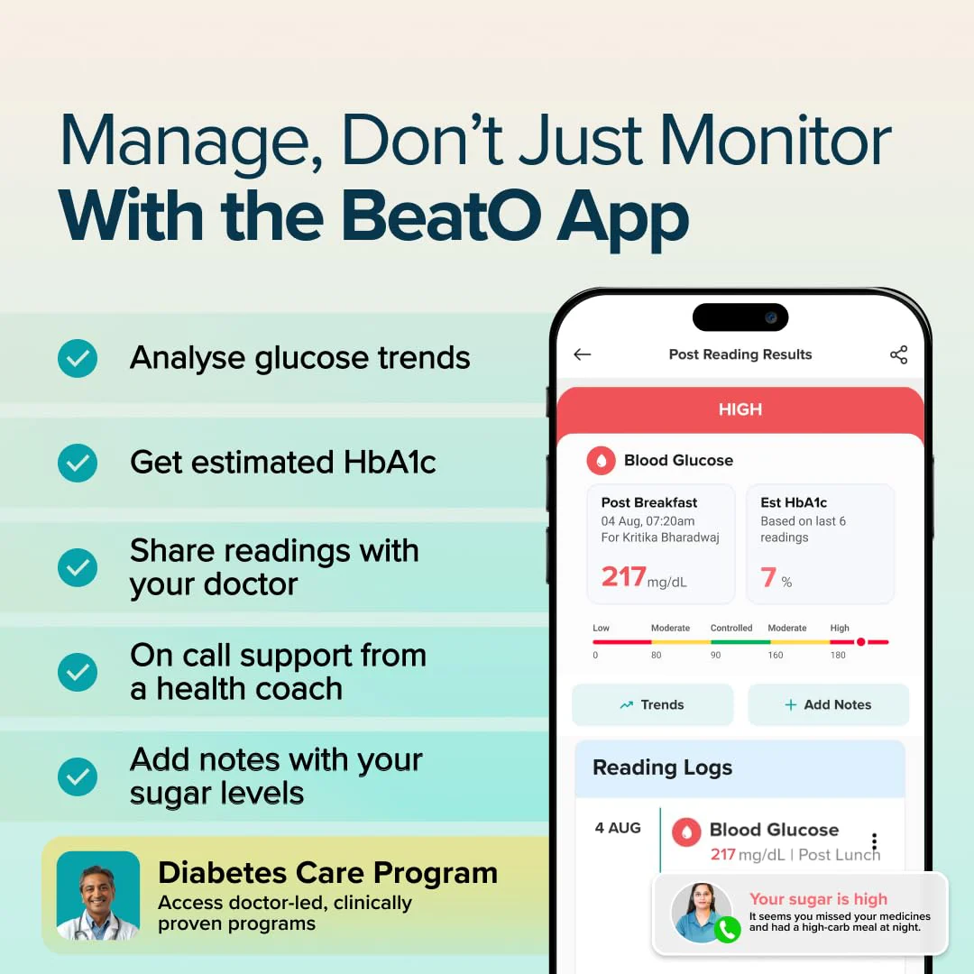 Beato Curv Sugar Test Machine | FREE 50 Strips & 50 Lancets (Type-C USB Connector) | Simple & accurate testing of Blood sugar levels at home |Smartphone Connected Glucometer Machine | Android only | ISO Certified: Made in India - Image 6