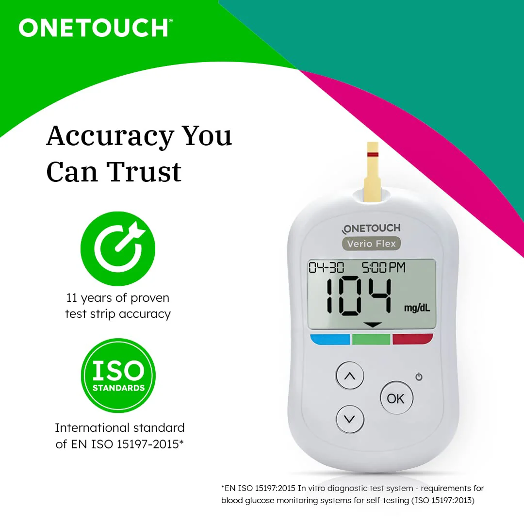 OneTouch Verio Flex glucometer machine | Sync your results with OneTouch Reveal mobile app | Simple & accurate testing of blood sugar levels at home | Global Iconic Brand | FREE 10 Test Strips + 10 Sterile Lancets + 1 Lancing device - Image 3