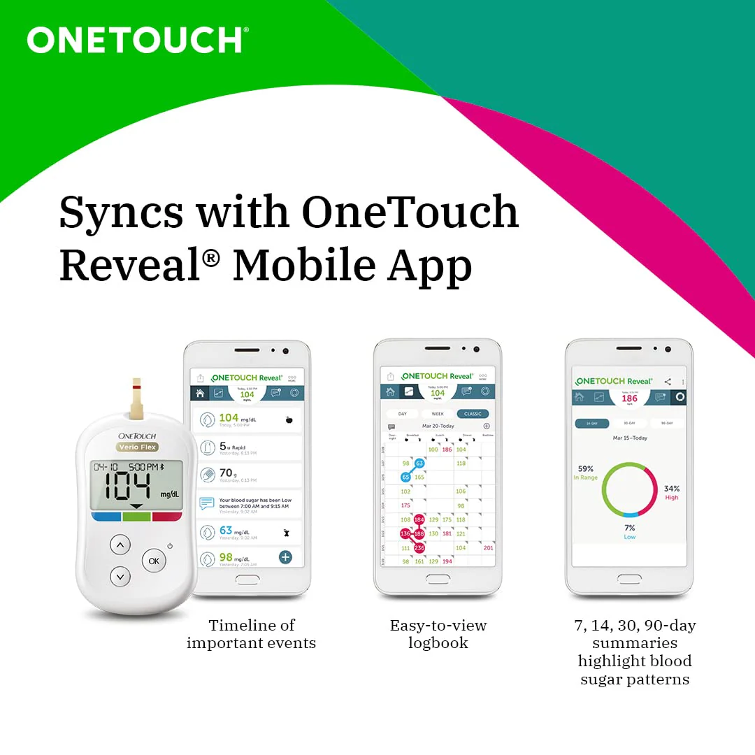 OneTouch Verio Flex glucometer machine | Sync your results with OneTouch Reveal mobile app | Simple & accurate testing of blood sugar levels at home | Global Iconic Brand | FREE 10 Test Strips + 10 Sterile Lancets + 1 Lancing device - Image 4
