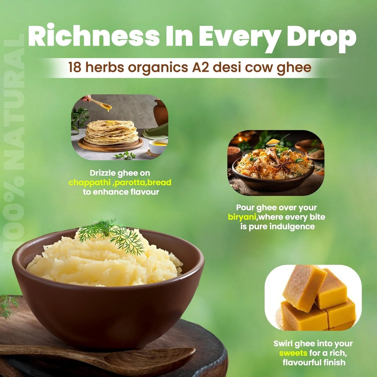 Organic A2 Desi Cow Ghee By 18 Herbs Organics Health With Herbs | Traditional Handmade Bilona Method Healthy Desi Cow Ghee For Boost Energy | (500ml) 16.9 Ounce | Jar Pack - Image 4