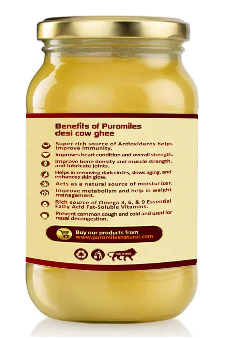 Organic Natural A2 Bilona Cow Desi Ghee By Puro Miles | Natural & Healthy Gir Cow Cultured Desi Ghee Perfect For Diet | (500ml) 16.9 Ounce | Jar Pack - Image 3